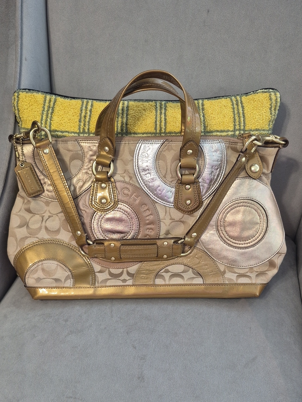COACH Vintage Metallic Gold, Silver, Brown Signature Satchel with Silk Dustbag